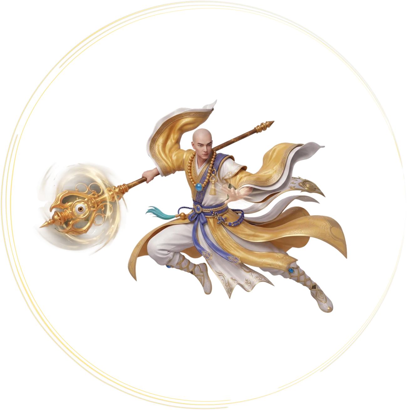 The Monk, a radiant staff-saint haloed in gold
