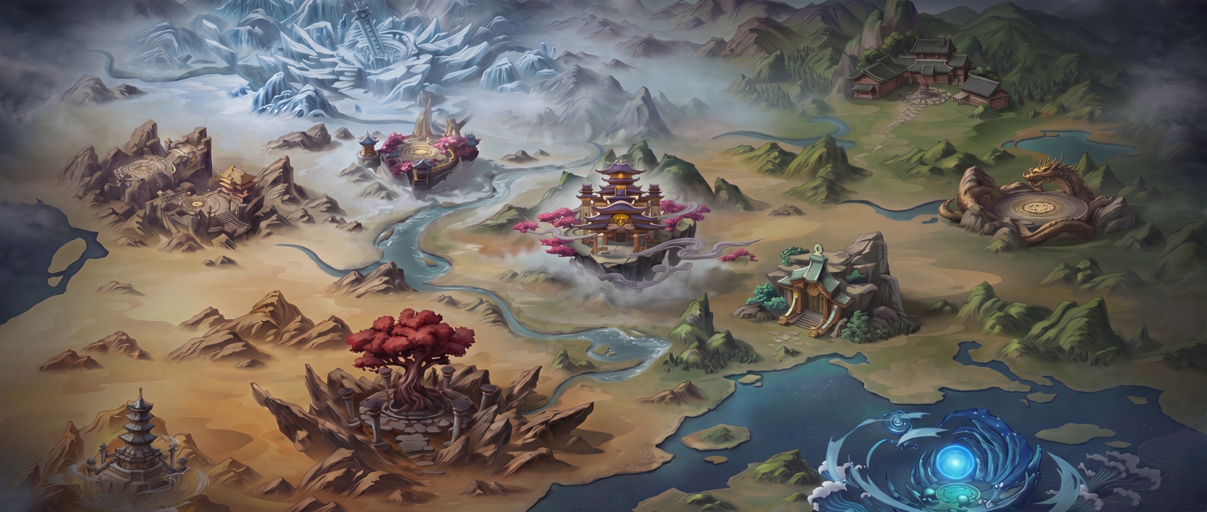 The painted atlas of the Shadowmire realm — nine contested zones beneath a sealed heaven